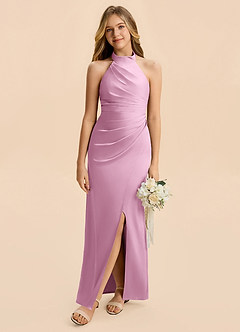Azazie Jemma Junior Candy Pink Sheath Ruched Stretch Satin Dress image4