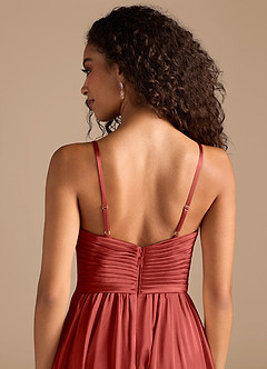 Azazie Alia Bridesmaid Dresses Rust A-Line Pleated Metallic Satin Dress image6