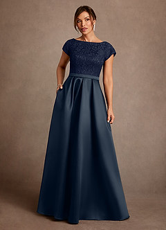 Azazie Albany Mother of the Bride Dresses Dark Navy A-Line Pleated Lace Dress image1