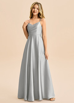 Azazie Rumi Junior Silver A-Line Pleated Stretch Satin Dress image3
