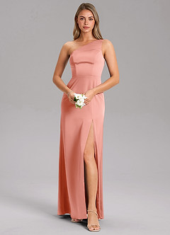 Azazie Feby Robes de demoiselle d'honneur Robe Trapèze en Satin extensible Ue épaule Corail image1