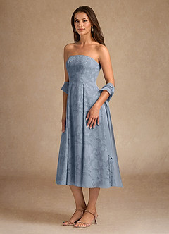 Azazie Lorain vestidos de madre de la novia Vestido de Azul Polvoriento de Devorado Floral de Corte En A con Plisado image5