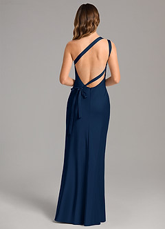 Azazie Monroe Jurken voor bruidsmeisjes Jurk van Stretch Satijn met Zeemeermin One-Shoulder Donkere Marine image2