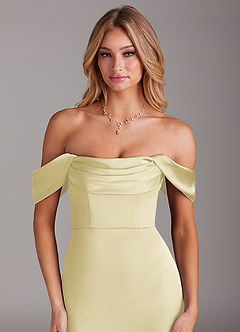 Azazie Saige Bridesmaid Dresses Lemon Sorbet Sheath Off the Shoulder Stretch Satin Dress image7