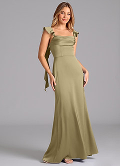 Azazie Adi Bridesmaid Dresses Moss Green A-Line Pleated Stretch Satin Dress image5