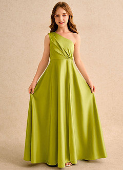 Azazie Puddles Girls Formal Robe Demoiselle D'honneur Fillette Robe Trapèze en Mat Satiné Asymétrique Citronnelle image5