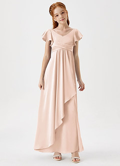Azazie Omari Junior Blushing Pink A-Line Pleated Stretch Satin Dress image3