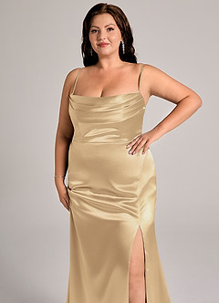 Azazie Saige Bridesmaid Dresses Champagne Sheath Off the Shoulder Metallic Satin Convertible Dress image7