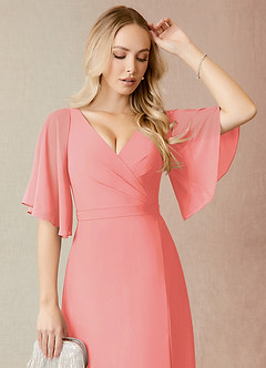 Azazie Cierra Bridesmaid Dresses Coral A-Line V-Neck Chiffon Dress image6