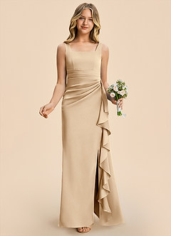 Azazie Adrienne Junior Robe Fourreau en Satin extensible Plissé Champagne image4