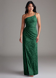 Azazie Eren Bridesmaid Dresses Dark Green Sheath One Shoulder Floral Burnout Dress image4