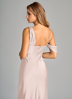 Azazie Celina Bridesmaid Dresses Blushing Pink Sheath Off the Shoulder Stretch Satin Dress image5