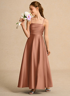 Azazie Pebbles Junior Formal Blumenmädchenkleider A-Linie Plissee Matte Satin Kleid Bronzer image5