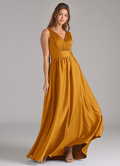 Azazie Kora Vestidos de damas de honor Vestido de Caramelo de Satén Elástico de Corte en A con Plisado image4