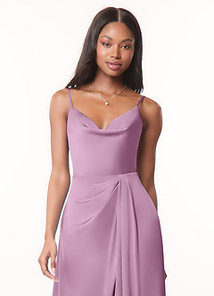 Azazie Brielle Bridesmaid Dresses Wisteria A-Line Cowl Spaghetti Straps Stretch Satin Dress image4
