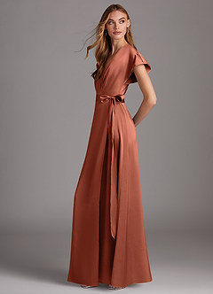Azazie Nico Robes de demoiselle d'honneur Robe Trapèze en Satin extensible Col en V Argile image1