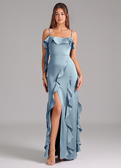 Azazie Malia Bridesmaid Dresses Dusty Blue A-Line Side Slit Stretch Satin Dress image3