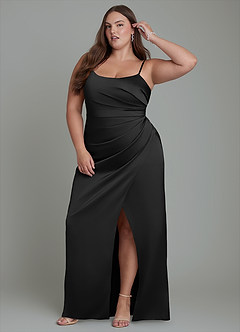 Azazie Calandra Bridesmaid Dresses Black Sheath Pleated Stretch Satin Dress image10