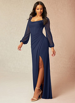 Azazie Charissa Final Sale Dark Navy Sheath Corset Pleated Mesh Dress image4