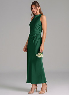 Azazie Evadne Vestidos de damas de honor Vestido de Verde Oscuro de Satén Elástico de Corte Recto con Plisado image1