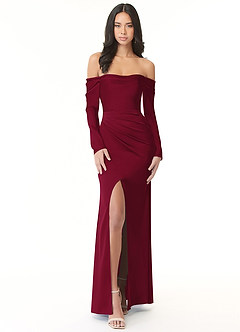 Azazie Hallie Bridesmaid Dresses Burgundy Sheath Off-The-Shoulder Long Sleeve Stretch Satin Convertible Dress image4
