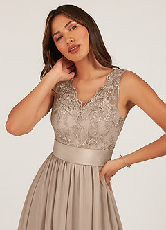 Azazie Gertrude Bridesmaid Dresses Taupe A-Line Lace Chiffon Dress image6