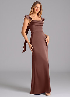 Azazie Adi Bridesmaid Dresses Espresso A-Line Pleated Stretch Satin Dress image3