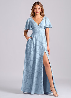 Azazie Kimber 신부 들러리 드레스 A라인 포켓이 있는 플로럴 번아웃 바닥 길이 드레스 image1