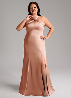 Azazie Rue Bridesmaid Dresses Rose Gold A-Line Pleated Stretch Satin Dress image8