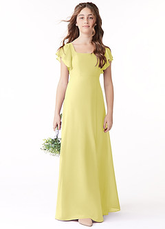 Azazie Bondi Junior Lemon Sorbet A-Line Bow Chiffon Dress image2