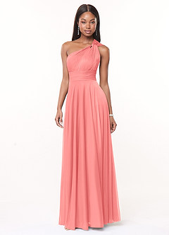 Azazie Charlize Bridesmaid Dresses Coral A-Line One Shoulder Mesh Dress image3