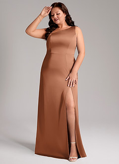 Azazie Phaedra Bridesmaid Dresses Bronzer A-Line One Shoulder Stretch Satin Dress image3