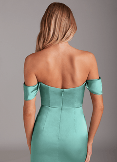 Azazie Saige Bridesmaid Dresses Aqua Sheath Off the Shoulder Stretch Satin Dress image9