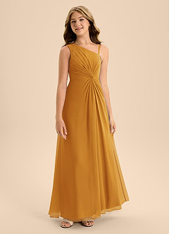 Azazie Brooke Junior Abito A-Line in Chiffon Spacco Laterale Caramello image5