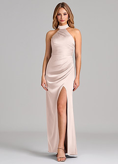Azazie Karlotta Robes de demoiselle d'honneur Robe Fourreau en Satin extensible Plissée Rose Pâle image1