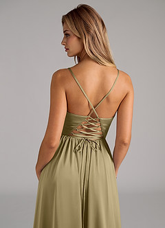 Azazie Aaida Bridesmaid Dresses Moss Green A-Line Corset Stretch Satin Dress image2