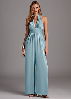 Azazie Oli Bridesmaid Dresses Moody Blue Pleated Stretch Satin Jumpsuit image3