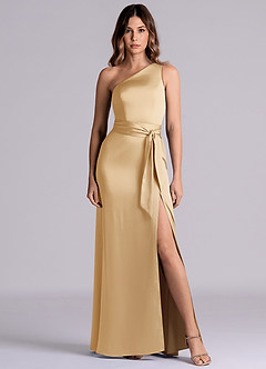 Azazie Philana Bridesmaid Dresses Gold A-Line One Shoulder Stretch Satin Dress image2
