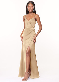 Azazie Maci Bridesmaid Dresses Champagne A-Line V-Neck Pleated Stretch Satin Dress image3