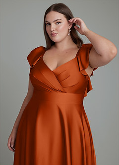 Azazie Leilani Bridesmaid Dresses Burnt Orange A-Line Ruched Stretch Satin Dress image3