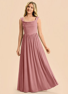 Azazie Cali Junior Vestido Rosa Polvorienta de Satén Elástico de Corte en A con Plisado image3
