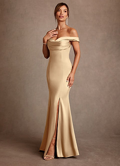 Azazie Boone Mother of the Bride Dresses Champagne Mermaid Off the Shoulder Stretch Satin Dress image4