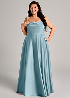Azazie Shaude Bridesmaid Dresses Moody Blue A-Line Pleated Stretch Satin Dress image11
