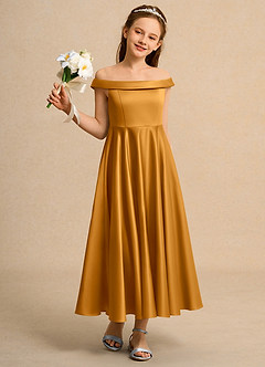 Azazie Teeny Junior Formal vestidos de niña de las flores Vestido de Caramelo de Satin Mate de Corte En A con Plisado image5