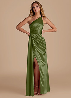 Azazie Mika Bridesmaid Dresses Olive Sheath One Shoulder Metallic Satin Dress image3