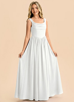 Azazie Novi Junior Vestido Blanco de Satén Elástico de Corte en A con Plisado image4