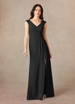 Azazie Sally At-home Try On Dresses Black A-Line V-Neck Pleated Chiffon Dress image1
