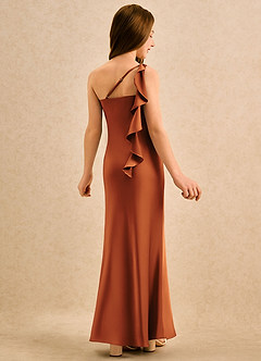 Azazie Almond Girls Formal Robe Demoiselle D'honneur Fillette Robe Fourreau en Satin extensible Une épaule Cannelle image1