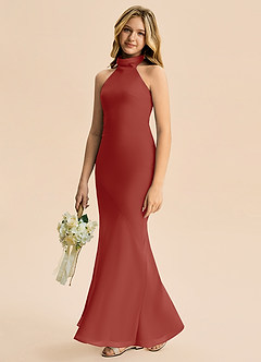 Azazie Velli Junior Meerjungfrau-Linie Hoher Kragen Chiffon Kleid Terrakotta image4