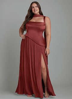 Azazie Stephanie Bridesmaid Dresses Terracotta A-Line Pleated Stretch Satin Dress image15